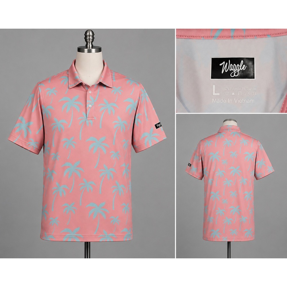 Waggle Golf Polo Shirt Men's Large Pink Blue Palm Tree Performance Stretch L